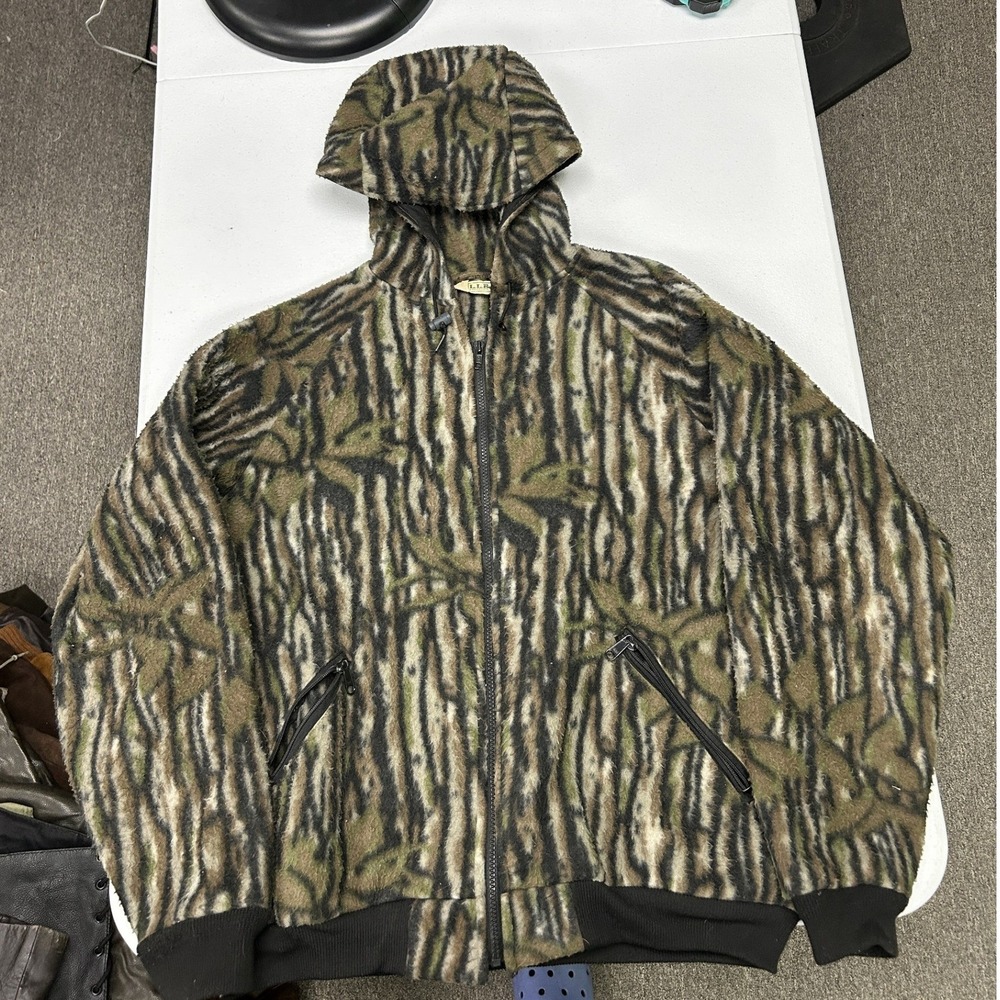 L.L. Bean Fleece Hoodie Mens L Green Tree Bark Camo Full Zip Made in USA